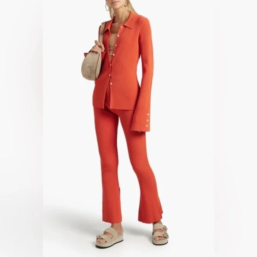 LE ORE Rimini Rib Knit Flared Pants Spice Brown Pull On High Rise Revolve autumn